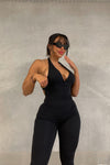 Black Halterneck Ruched Backless Jumpsuit