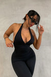 Black Halterneck Ruched Backless Jumpsuit