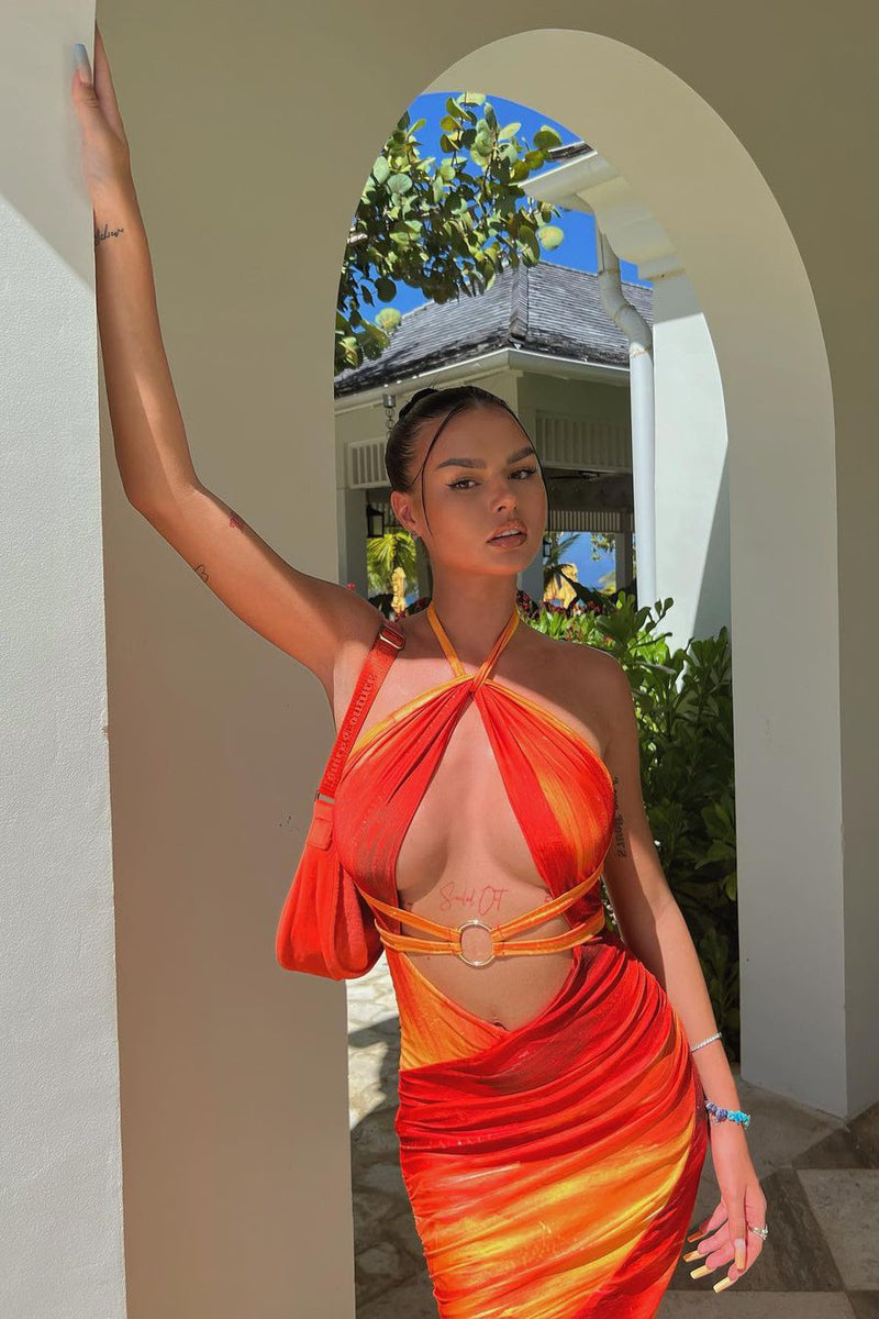 Orange Ombre Print Halterneck Cut Out Midi Dress