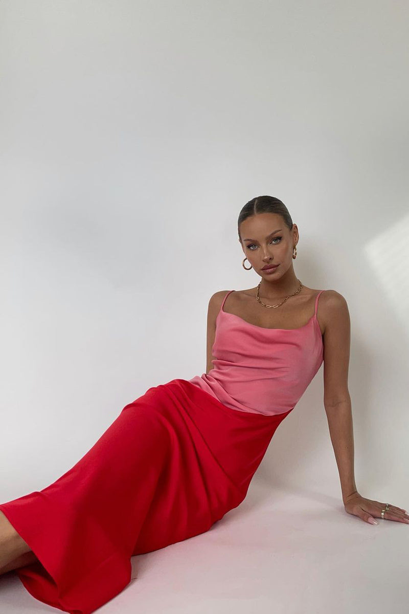 Pink Satin Cowl Neck Colour Block Midi Dress