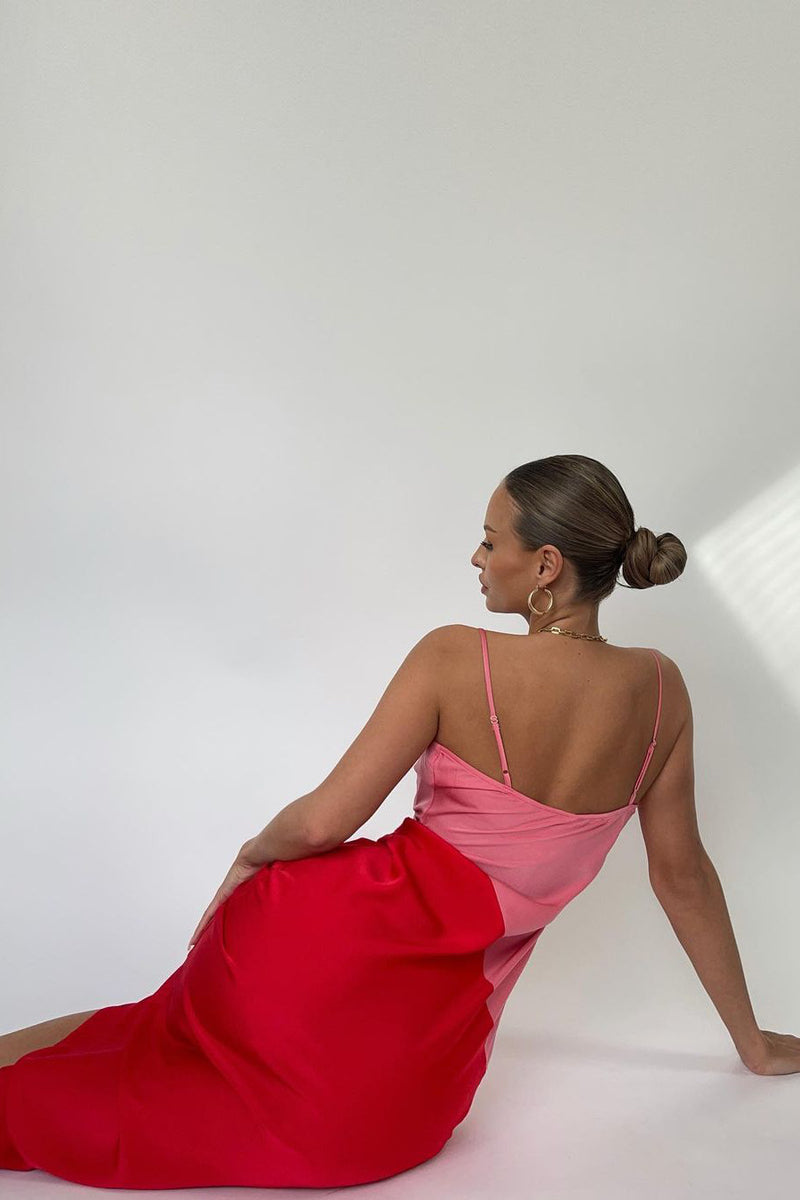 Pink Satin Cowl Neck Colour Block Midi Dress
