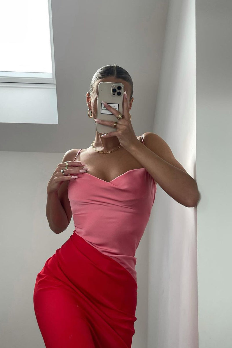Pink Satin Cowl Neck Colour Block Midi Dress