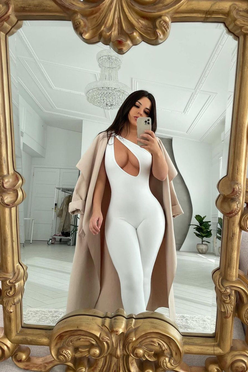 White Cut Out Asymmetric One Shoulder Jumpsuit