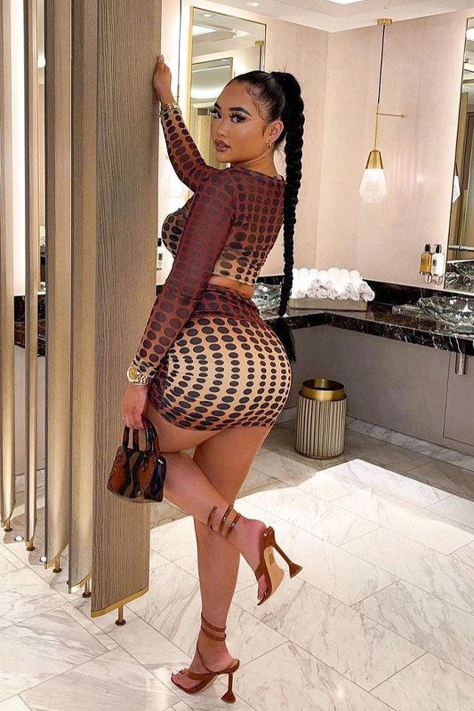 Brown Polka Dot Print Crop Top & Mini Skirt