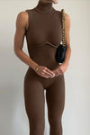 Brown Ribbed High Neck Sleeveless Jumpsuit