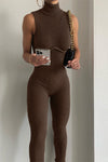 Brown Ribbed High Neck Sleeveless Jumpsuit