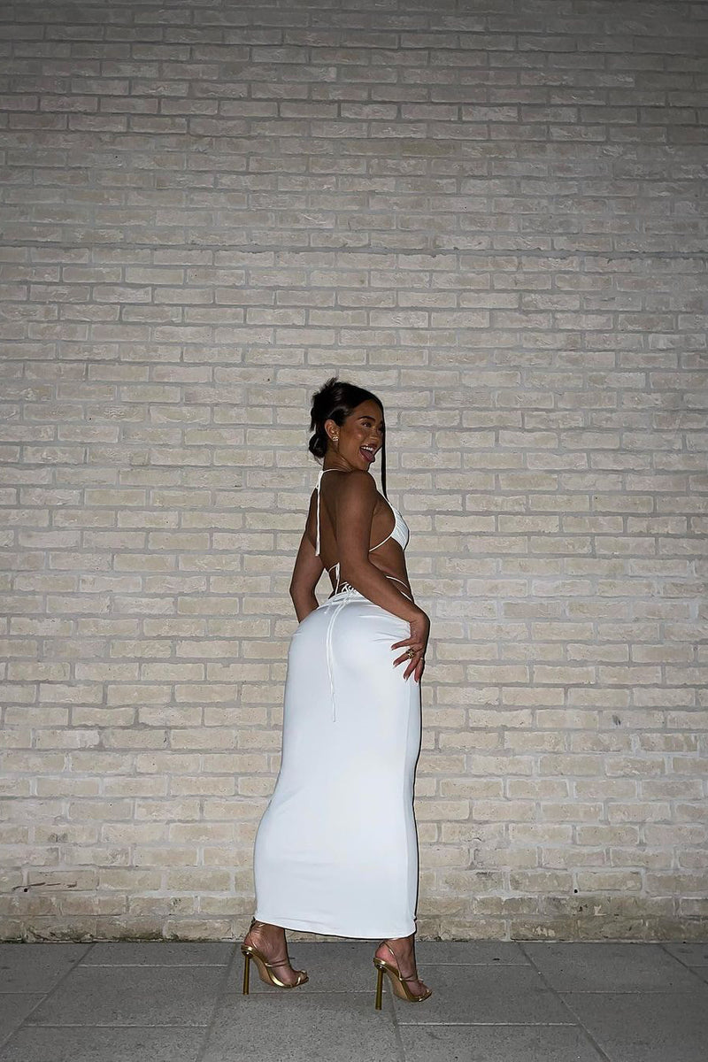 White Ruched Tie Detail Crop Top & Maxi Skirt Co-Ord