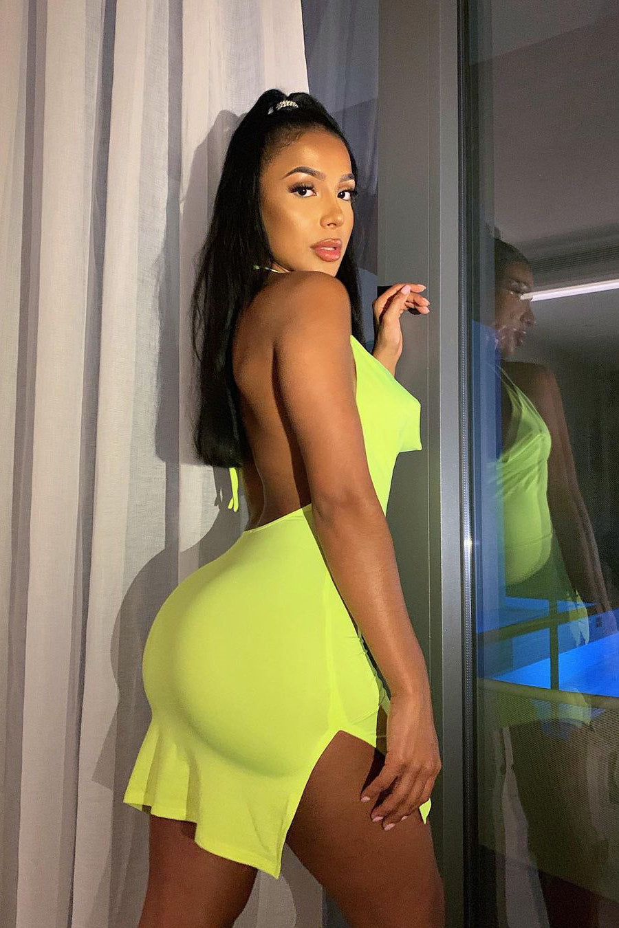 Neon Yellow Satin Halterneck Open Back Mini Dress