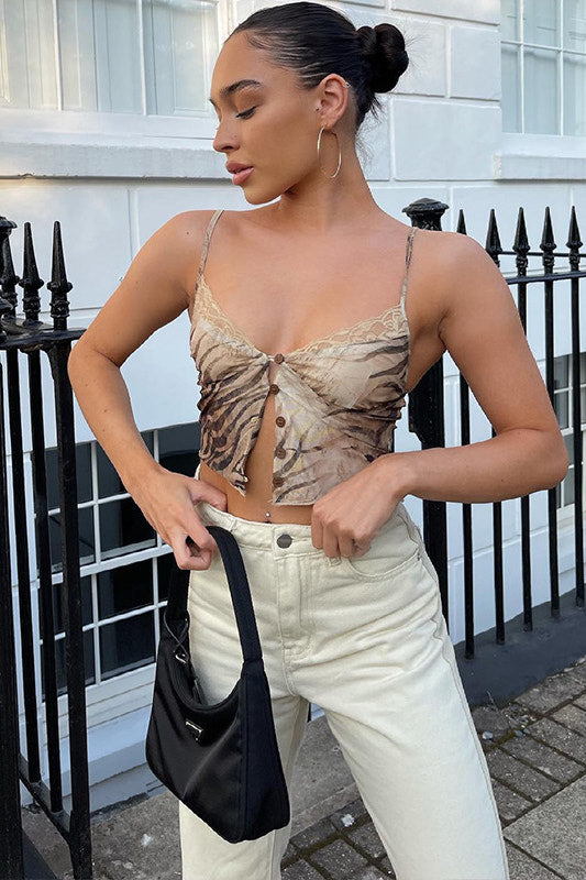 Brown Tiger Print Sheer Lace Trim Crop Top