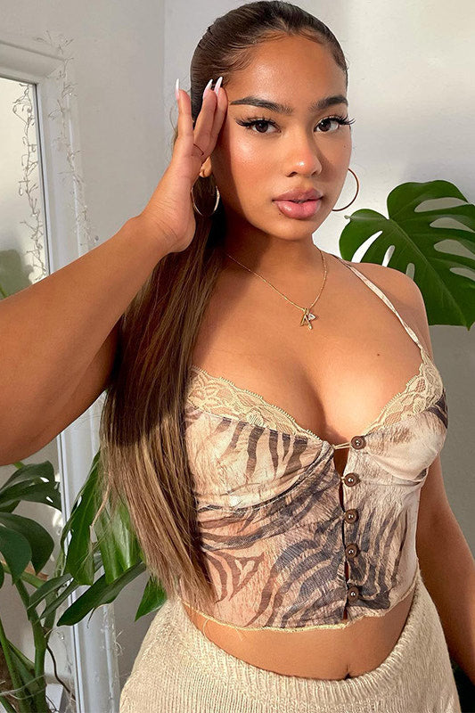 Brown Tiger Print Sheer Lace Trim Crop Top