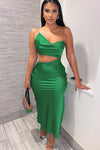 Green Satin Cut Out Asymmetric Maxi Dress