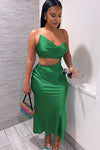 Green Satin Cut Out Asymmetric Maxi Dress