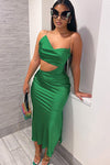 Green Satin Cut Out Asymmetric Maxi Dress