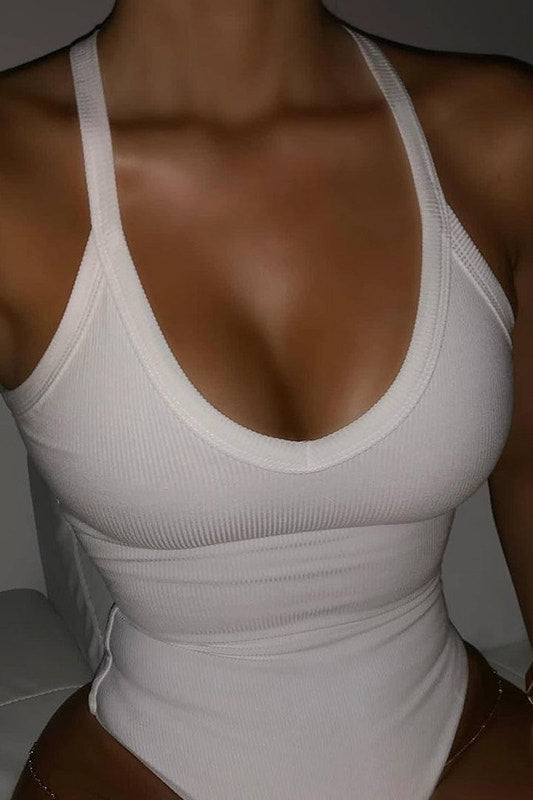 White Ribbed Plunge High Leg Bodysuit