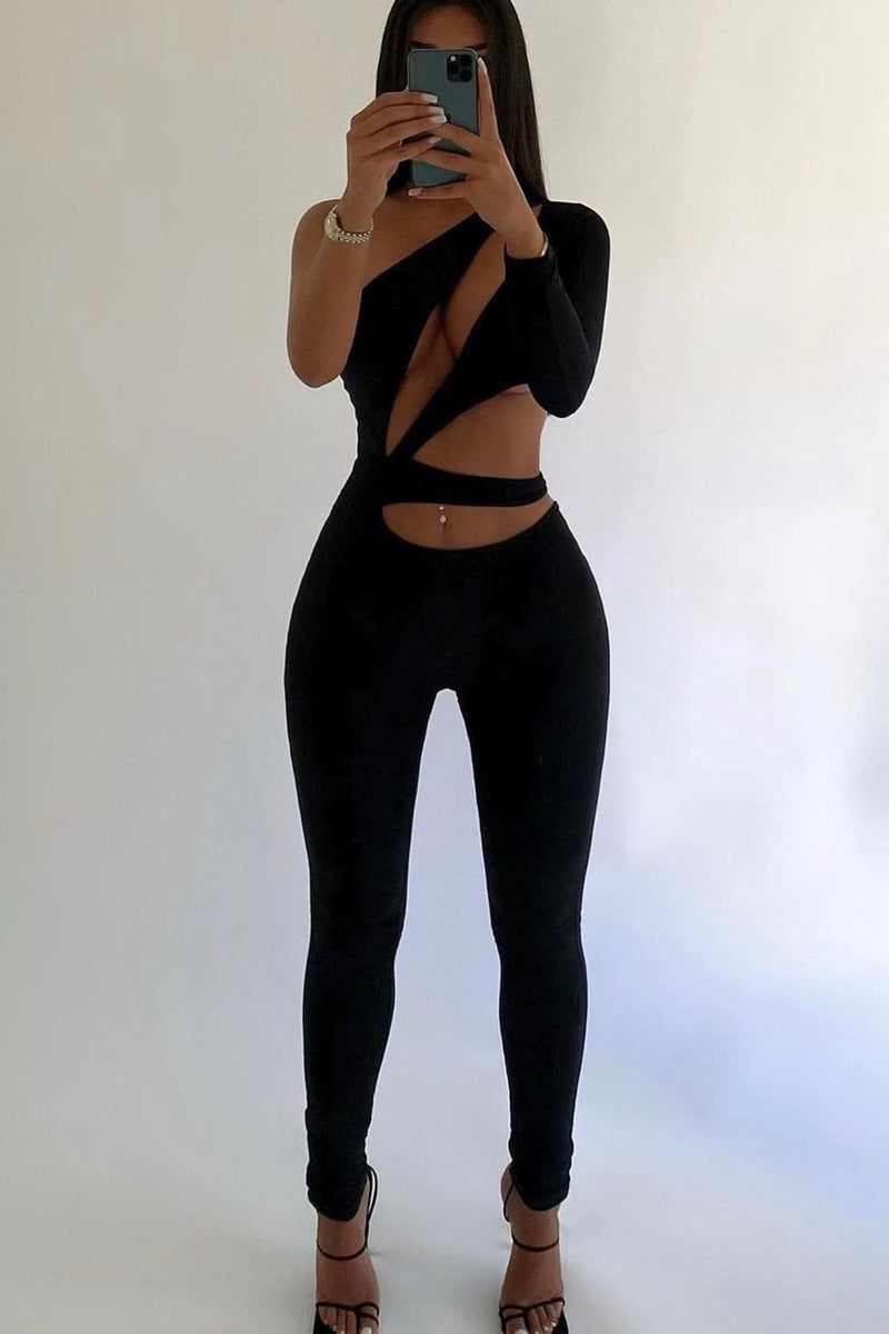 Black One Shoulder Asymmetric Cut Out Jumpsuit