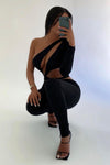 Black One Shoulder Asymmetric Cut Out Jumpsuit