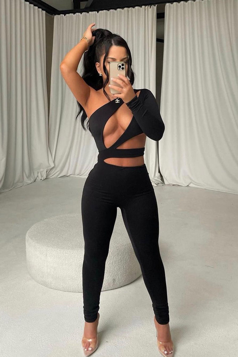 Black One Shoulder Asymmetric Cut Out Jumpsuit