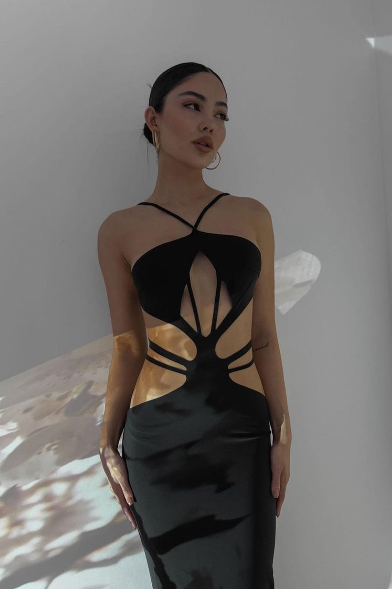 Black Halter Strappy Cut Out Detail Maxi Dress