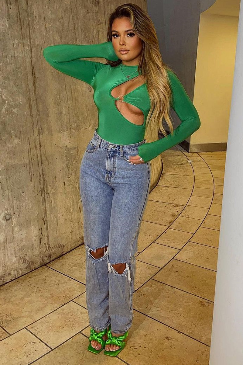 Green Cut Out Ring Detail Long Sleeve Bodysuit