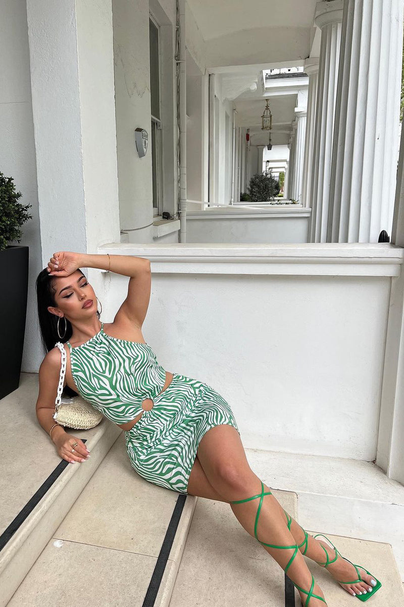 Green Zebra Print Cut Out Detail Mini Dress