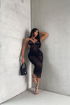 Black Sheer Mesh Ruched Halter Midi Dress