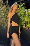 Black Asymmetric Drawstring Crop Top & Mini Skirt