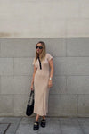 Beige Contrast Collar Ribbed Knit Midi Dress