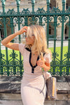 Beige Contrast Collar Ribbed Knit Midi Dress