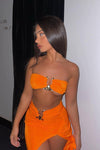 Orange Hammered Trim Bandeau Top & Slit Maxi Skirt