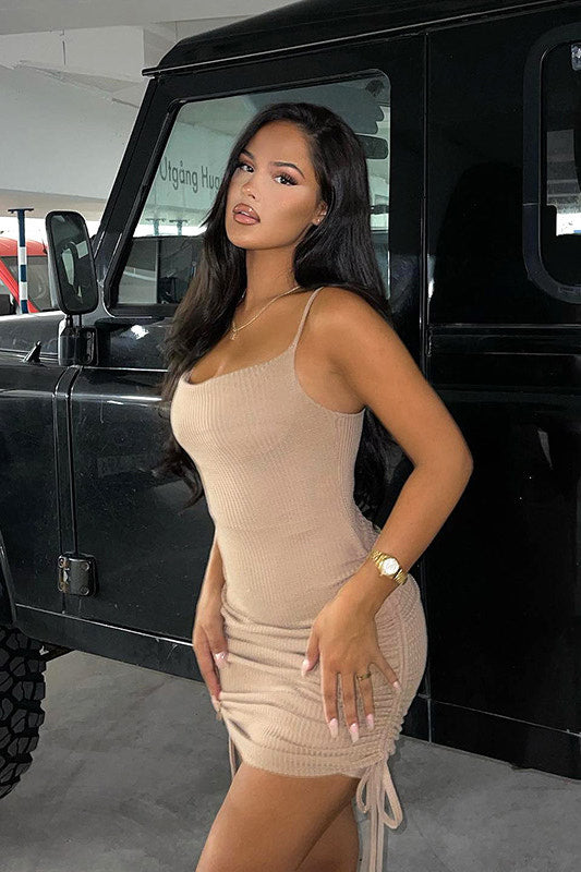 Ribbed Side Ruched Mini Beige Ribbed Ruched Side Drawstring Mini Dress | Nothingbutstyle