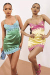 Green Satin Lace Trim Slip Mini Dress