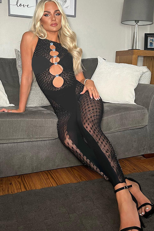Black Rhinestone Embellished Cut Out Jumpsuit