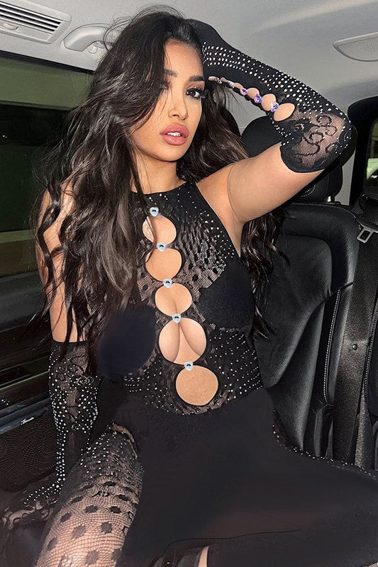 Black Rhinestone Embellished Cut Out Jumpsuit