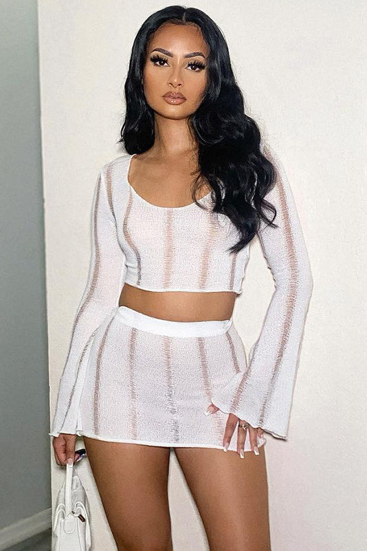 Cream Knit Ladder Detail Mini Skirt & Crop Top