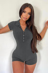 Grey Ribbed Button Detail Playsuit
