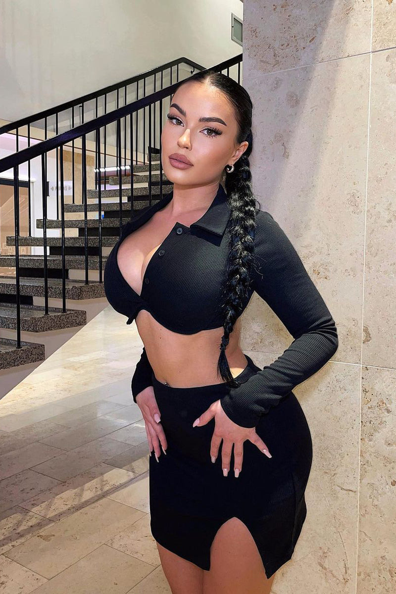 Black Ribbed Underwired Crop Top & Mini Skirt Co-Ord