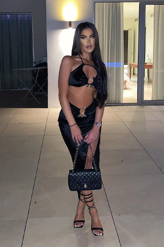 Black Hammered Trim Halter Top & Slit Midi Skirt