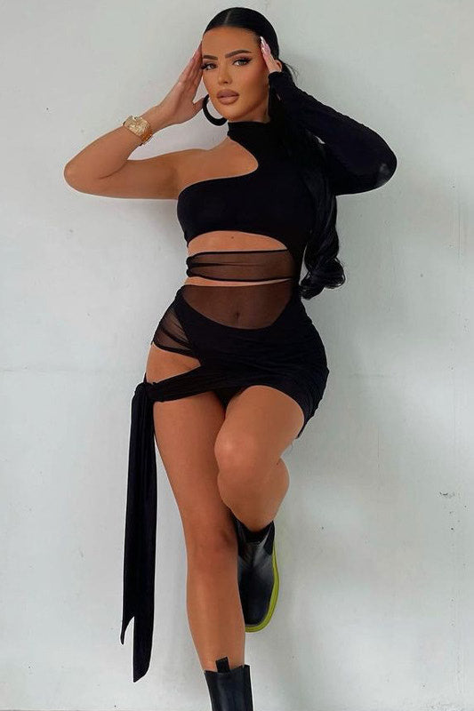 Black Sheer Mesh Ruched Cut Out Mini Dress