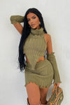 Khaki Chunky Knit Distressed Crop Top & Mini Skirt