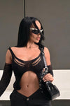 Black Mesh Zebra Detail Cut Out Crop Top