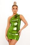 Green Metallic One Shoulder Ruched Mini Dress