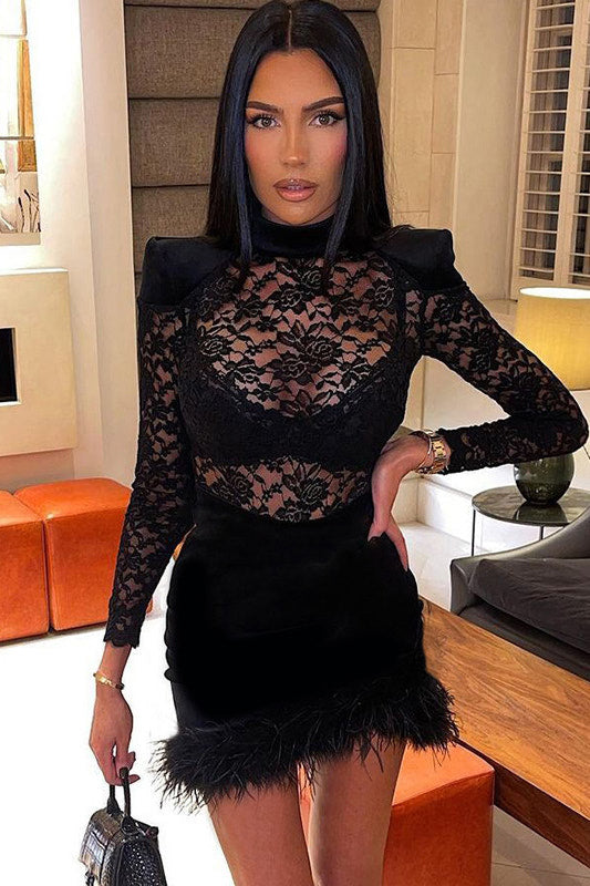 Black Lace High Neck Velvet Detail Mini Dress