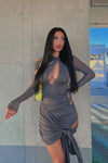 Grey Ruched Mesh Sleeve Cut Out Mini Dress