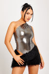 Black Metallic One Shoulder Bodysuit & Mini Skirt Co-Ord