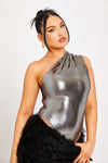 Black Metallic One Shoulder Bodysuit & Mini Skirt Co-Ord