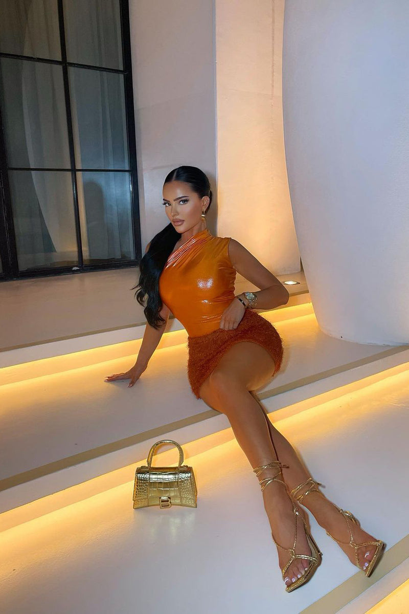 Orange Metallic One Shoulder Bodysuit & Mini Skirt Co-Ord