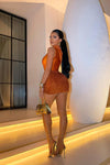 Orange Metallic One Shoulder Bodysuit & Mini Skirt Co-Ord