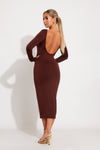 Brown Scoop Neck Backless Long Sleeve Midi Dress