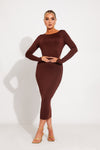 Brown Scoop Neck Backless Long Sleeve Midi Dress