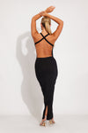 Black Ribbed High Neck Cross Back Maxi Dress